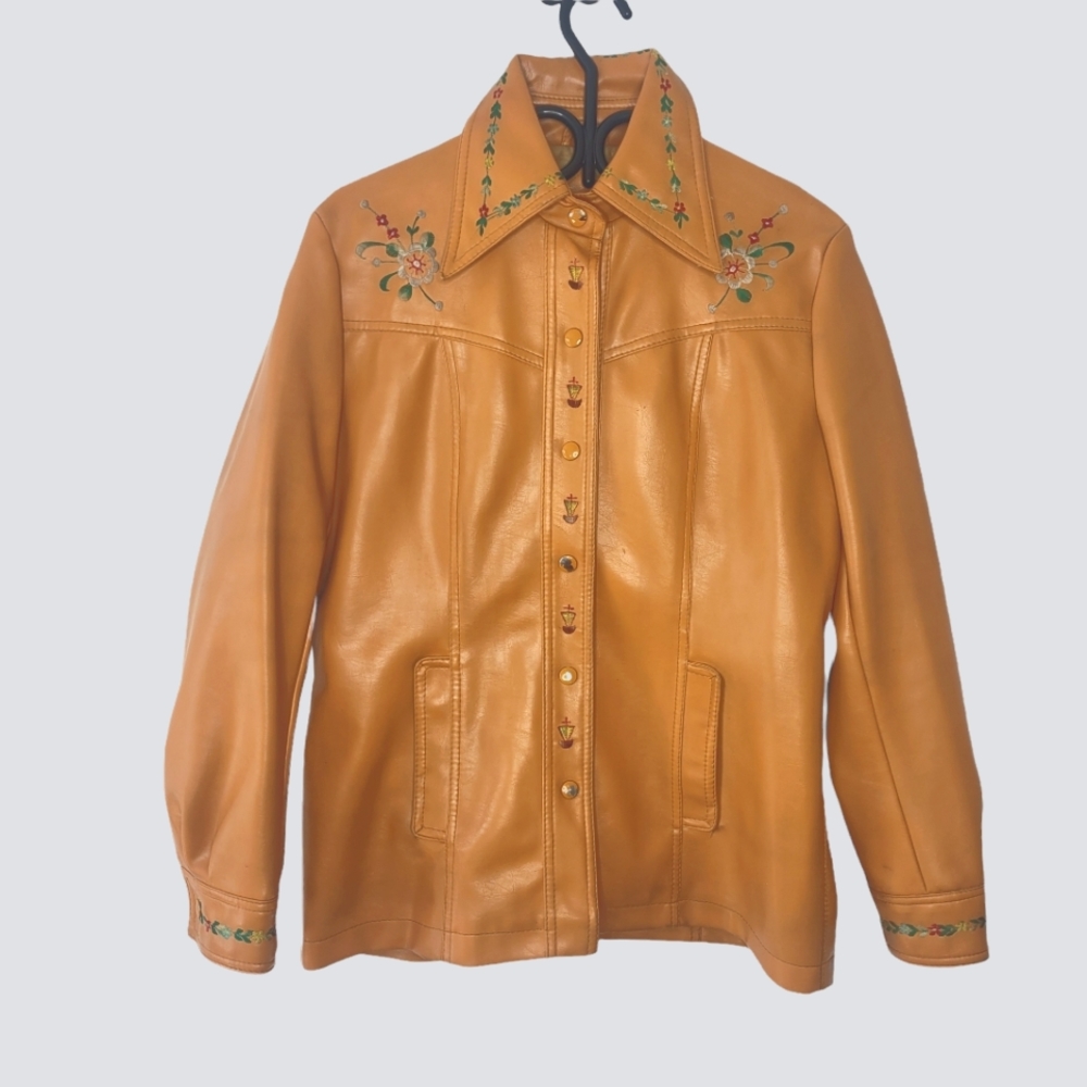 Vintage 1970's tan button down faux leather jacket with floral embroidery